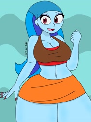 Size: 1932x2576 | Tagged: safe, artist:c_w, sonata dusk, equestria girls, bandana, belly button, breasts, cleavage, clenched fist, eyelashes, eyeshadow, looking at you, makeup, nail polish, open mouth, plump, smiling, sonata bust, thighs, thunder thighs, total drama, total drama island, wide hips