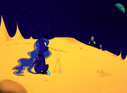 Size: 1763x1295 | Tagged: safe, artist:extremeasaur5000, princess luna, alicorn, pony, cheese, crossover, eating, edible heavenly object, gromit, moon, wallace, wallace and gromit