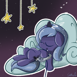 Size: 1200x1200 | Tagged: safe, artist:slitherpon, princess luna, alicorn, pony, controller, cute, drool, filly, gamer luna, sleeping, solo, stars, super nintendo, tangible heavenly object, woona