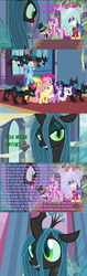 Size: 988x3108 | Tagged: safe, artist:rewirken, edit, edited screencap, screencap, applejack, fluttershy, pinkie pie, princess cadance, queen chrysalis, rainbow dash, rarity, shining armor, spike, twilight sparkle, unicorn twilight, alicorn, changeling, changeling queen, dragon, earth pony, pegasus, pony, unicorn, a canterlot wedding, clothes, comic, female, flying, hat, mane six, mind control, text, top hat, vulgar