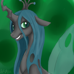 Size: 700x700 | Tagged: safe, artist:goldenwoof, queen chrysalis, changeling, changeling queen, female, green background, simple background, smiling, solo