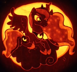 Size: 923x866 | Tagged: safe, artist:johwee, princess luna, alicorn, pony, jack-o-lantern, pumpkin, solo