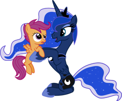 Size: 851x700 | Tagged: source needed, safe, princess luna, scootaloo, alicorn, pony, eye contact, frown, holding a pony, hug, open mouth, raised eyebrow, scootalove, simple background, sitting, smiling, transparent background, unamused, vector