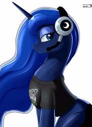 Size: 2400x3300 | Tagged: safe, artist:skyart301, princess luna, alicorn, pony, bedroom eyes, clothes, cute, female, gamer luna, grand theft auto, gta v, headset, lunabetes, mare, profile, shirt, simple background, sitting, smiling, solo, t-shirt, white background