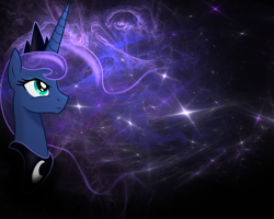 Size: 1280x1024 | Tagged: safe, artist:kp-shadowsquirrel, artist:spier17, princess luna, alicorn, pony, black background, bust, female, fractal, frown, glare, horn, jewelry, mare, portrait, profile, regalia, serious, simple background, solo, sparkles, stars, tiara