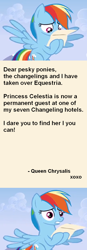 Size: 478x1379 | Tagged: safe, queen chrysalis, rainbow dash, changeling, changeling queen, pegasus, pony, exploitable meme, hotel mario, letter, letter meme, meme