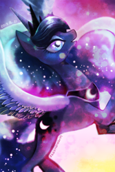 Size: 650x975 | Tagged: safe, artist:bartolomeus_, princess luna, alicorn, pony, abstract background, crown, ethereal mane, female, horn, jewelry, looking up, regalia, smiling, solo, spread wings, wings