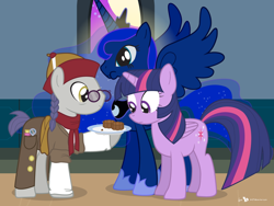 Size: 1024x771 | Tagged: safe, artist:dm29, princess luna, twilight sparkle, twilight sparkle (alicorn), uncle curio, alicorn, pony, female, glasses, mare, mid-autumn festival, mooncake, trio