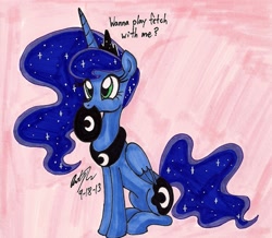 Size: 1280x1116 | Tagged: safe, artist:newyorkx3, princess luna, alicorn, pony, behaving like a dog, cute, doggy luna, fetch, frisbee, lunabetes, mouth hold, sitting, smiling, solo, traditional art