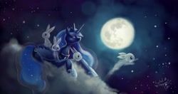 Size: 3416x1805 | Tagged: safe, artist:foxtailpegasus, princess luna, alicorn, pony, rabbit, animal, cloud, cloudy, moon, patronus, solo