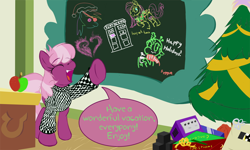 Size: 1086x652 | Tagged: safe, artist:frist44, cheerilee, derpy hooves, fluttershy, queen chrysalis, rainbow dash, changeling, changeling queen, earth pony, pony, apple, chalkboard, cheerilee-s-chalkboard, christmas, christmas tree, clothes, dialogue, doctor who, female, food, gamecube, holiday, homestuck, mare, ponyville schoolhouse, speech bubble, sweater, tree