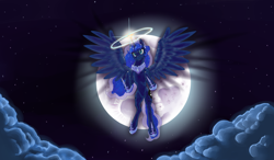 Size: 4000x2330 | Tagged: safe, artist:avgjoe, princess luna, alicorn, pony, backlighting, flying, moon, solo, stars