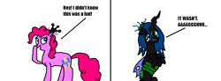 Size: 1212x448 | Tagged: safe, pinkie pie, queen chrysalis, changeling, changeling queen, earth pony, pony, abuse, chrysabuse, crying, female, frown, gritted teeth, i'm your biggest fanatic, lidded eyes, looking back, mare, ms paint, open mouth, pain, simple background, smiling, spongebob squarepants, tongue out, white background