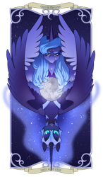 Size: 458x785 | Tagged: safe, artist:dashiana, nightmare moon, princess luna, alicorn, pony, card, duality, sad, upside down