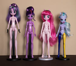Size: 1000x866 | Tagged: safe, artist:artificialgrass146, sci-twi, starlight glimmer, sugarcoat, twilight sparkle, oc, oc:fluffle puff, equestria girls, breasts, custom, doll, featureless breasts, featureless crotch, irl, nudity, photo, size difference, toy