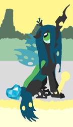 Size: 825x1425 | Tagged: safe, artist:poisonedpirate, queen chrysalis, changeling, changeling queen, female, floppy ears, hooves, horn, lineless, mare, sitting, solo, tarot, tarot card, wings