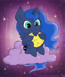 Size: 844x1000 | Tagged: safe, artist:erysz, princess luna, alicorn, pony, cheese, cloud, cute, eating, edible heavenly object, female, filly, lunabetes, moon, signature, solo, stars, tangible heavenly object, tumblr, woona