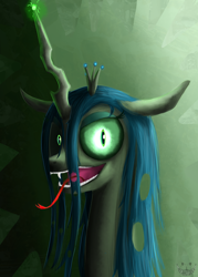 Size: 1000x1400 | Tagged: safe, artist:cheshiresdesires, queen chrysalis, changeling, changeling queen, female, horn, solo, tongue out