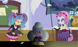 Size: 1280x774 | Tagged: safe, artist:themexicanpunisher, edit, edited screencap, screencap, pixel pizazz, sugarcoat, violet blurr, equestria girls, friendship games, photo finished, clothes, dryer, luna's office