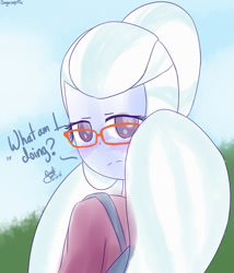 Size: 1200x1400 | Tagged: safe, artist:rmariansj, sugarcoat, equestria girls, backpack, clothes, dialogue, fanfic art, glasses, looking at you, solo, text