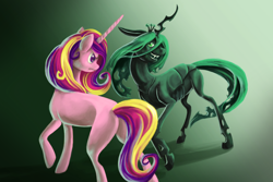 Size: 1800x1200 | Tagged: safe, artist:graypaint, princess cadance, queen chrysalis, alicorn, changeling, changeling queen, pony, duo, duo female, female, females only, green eyes, horn, mare, multicolored mane, pink coat