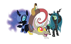 Size: 9887x6093 | Tagged: safe, artist:utahraptorz-poniez, discord, nightmare moon, queen chrysalis, alicorn, changeling, changeling queen, draconequus, nymph, pony, absurd resolution, cute, cutealis, discute, female, filly, filly queen chrysalis, foal, male, moonabetes, nightmare woon, simple background, transparent background, trio, vector, young, young discord, younger