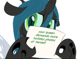 Size: 481x369 | Tagged: safe, queen chrysalis, changeling, changeling queen, chrysalis' note, female, horn, request, sign