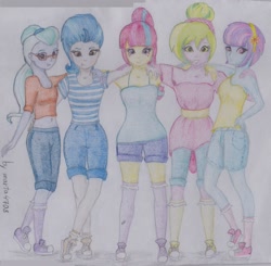 Size: 1200x1176 | Tagged: safe, artist:marta4708, indigo zap, lemon zest, sour sweet, sugarcoat, sunny flare, equestria girls, friendship games, clothes, converse, kneesocks, shadow five, shoes, sneakers, socks, traditional art