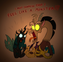 Size: 1200x1197 | Tagged: safe, artist:mickeymonster, discord, queen chrysalis, changeling, changeling queen, lyrics, monster, skillet, skillet (band), song reference