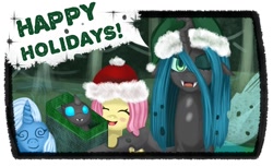 Size: 850x521 | Tagged: safe, artist:php13, fluttershy, queen chrysalis, trixie, changeling, changeling queen, nymph, pegasus, pony, askchrysalis, christmas, hat, santa hat