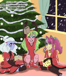 Size: 1280x1463 | Tagged: safe, artist:nikkilynn, lemon zest, sour sweet, sugarcoat, equestria girls, catsuit, christmas, christmas tree, clothes, dress, latex, tree