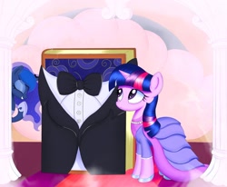 Size: 2341x1931 | Tagged: safe, artist:kas92, princess luna, twilight sparkle, alicorn, pony, bibliophile, book, cargo ship, clothes, dream, dream walker luna, dress, shipping, shoes, that pony sure does love books, tuxedo, twibook, wedding