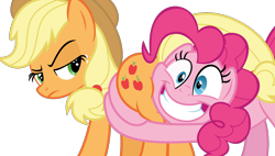 Size: 2000x1138 | Tagged: safe, artist:phucknuckl, edit, edited screencap, screencap, applejack, pinkie pie, earth pony, pony, shadow play, applebutt, applejack is not amused, big grin, butt touch, butthug, cowboy hat, duo, faceful of ass, female, freckles, grin, hat, hug, looking back, mare, pinkie hugging applejack's butt, simple background, smiling, stetson, the ass was fat, transparent background, unamused, vector