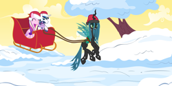 Size: 8000x4000 | Tagged: safe, artist:zakbo1337, princess cadance, queen chrysalis, shining armor, twilight sparkle, alicorn, changeling, changeling queen, pony, unicorn, absurd resolution, sleigh, snow