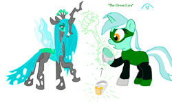 Size: 801x481 | Tagged: safe, lyra heartstrings, queen chrysalis, changeling, changeling queen, flockdraw, green lantern, wristband