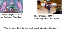 Size: 1081x651 | Tagged: safe, edit, edited screencap, screencap, queen chrysalis, changeling, changeling queen, a canterlot wedding, cyber shredder, teenage mutant ninja turtles, tekko-kagi, the shredder, wedding bells and bytes, wedding crashers