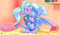 Size: 1920x1136 | Tagged: safe, artist:halem1991, cloudchaser, sugarcoat, pegasus, pony, equestria girls, friendship games, :<, :i, barefoot, bed, blushing, clothes, cuddling, cute, eyes closed, feet, female, glasses, halem1991 is trying to murder us, holding a pony, hoodie, hug, interlocked toes, lidded eyes, mare, nose wrinkle, nuzzling, one eye closed, shorts, signature, sitting, smiling, spread wings, squishy cheeks, toes, unamused, underhoof, wink