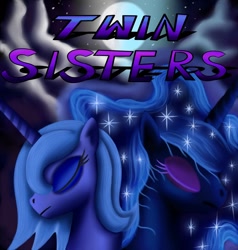 Size: 872x916 | Tagged: safe, artist:bonaxor, nightmare moon, princess luna, oc, oc:dream, alicorn, pony, comic:twin sisters, comic, cover, creation