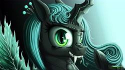 Size: 4800x2700 | Tagged: safe, artist:locolimo, queen chrysalis, changeling, changeling queen, crown, fangs, female, forked tongue, green eyes, horn, jewelry, regalia