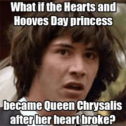 Size: 400x399 | Tagged: safe, queen chrysalis, changeling, changeling queen, hearts and hooves day (episode), conspiracy keanu, exploitable meme, hearts and hooves day, meme