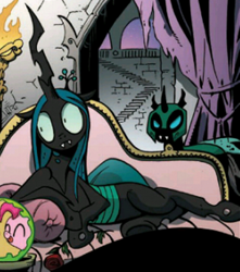 Size: 413x467 | Tagged: safe, artist:andypriceart, idw, pinkie pie, queen chrysalis, changeling, changeling queen, earth pony, pony, the return of queen chrysalis, spoiler:comic, crystal ball, draw me like one of your french girls, sofa
