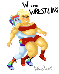 Size: 800x1011 | Tagged: safe, artist:professordoctorc, applejack, rainbow dash, equestria girls, applerack, blushing, boots, breasts, clothes, muscles, shoes, shorts, simple background, sports, strong fat, thick, thighs, thunder thighs, white background, wrestling