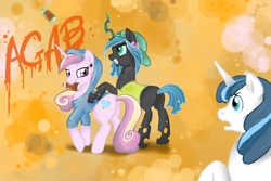 Size: 1500x1000 | Tagged: dead source, safe, artist:elenaboosy, princess cadance, queen chrysalis, shining armor, alicorn, changeling, changeling queen, pony, unicorn, clothes, gangster, graffiti, hoodie, rebel, teenager