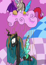 Size: 1240x1754 | Tagged: safe, artist:derpsonhooves, discord, queen chrysalis, changeling, changeling queen, chocolate rain, female, horn