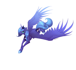 Size: 2068x1905 | Tagged: safe, artist:hardcrowmao, princess luna, alicorn, pony, flying, s1 luna, simple background, solo