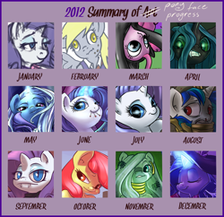 Size: 900x872 | Tagged: safe, artist:atryl, apple bloom, derpy hooves, pinkie pie, queen chrysalis, rarity, trixie, zecora, changeling, changeling queen, earth pony, pegasus, pony, unicorn, zebra, calendar, chart, costume, female, magic, mare, spy