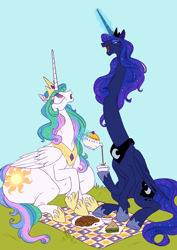 Size: 2480x3507 | Tagged: safe, artist:mellowhen, princess celestia, princess luna, alicorn, pony, blue background, cookie, cup, eye contact, female, food, grass, hoof hold, impossibly long neck, levitation, lidded eyes, long neck, looking at each other, looking up, magic, mare, necc, neck, open mouth, picnic, pouring, princess luneck, sandwich, sibling rivalry, simple background, sitting, smiling, smirk, sunbutt, surprised, tea, teacup, teapot, telekinesis, the ass was fat, wat, wide eyes