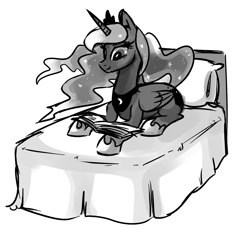 Size: 1198x1124 | Tagged: safe, artist:pepooni, princess luna, alicorn, pony, bed, book, monochrome, reading, solo