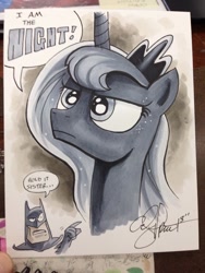 Size: 768x1024 | Tagged: safe, artist:andypriceart, princess luna, alicorn, pony, batman, bust, crossover, dialogue, duo, i am the night, portrait, speech bubble, traditional art