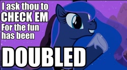 Size: 960x531 | Tagged: safe, princess luna, alicorn, pony, check em, dubs, forced meme, grin, image macro, meme, palindrome get, smiling, solo